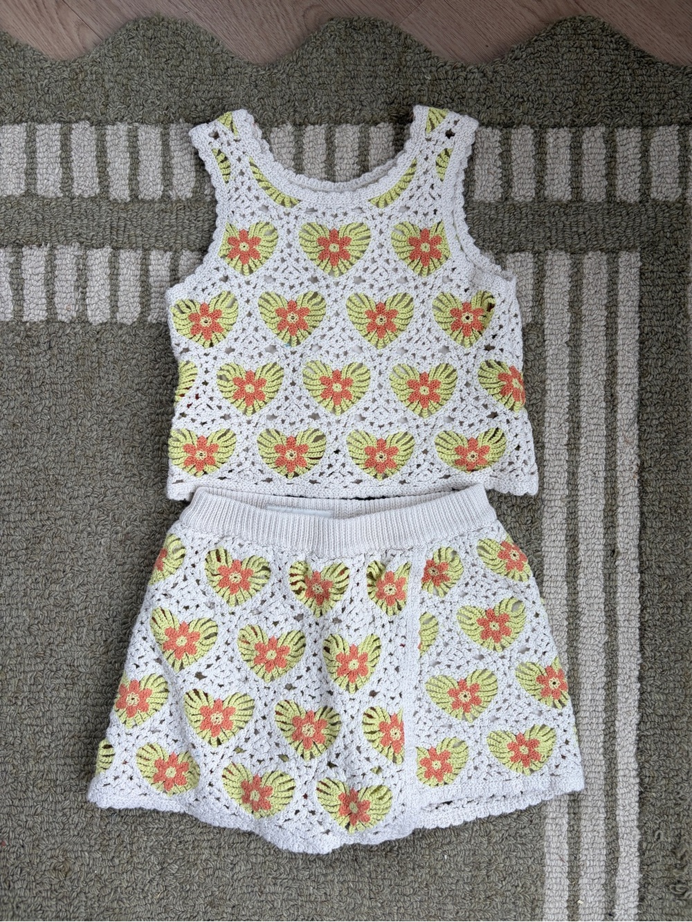 Zara White Crochet Heart Top and Skirt Set with Yellow and Orange Accents
